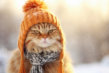 Funny ginger cat in a warm orange knitted hat and scarf on a winter day with copy space. AI generated.の素材