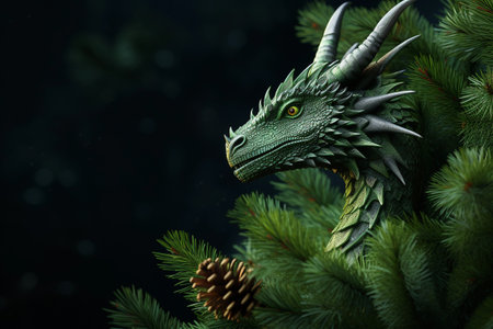 Dragon and fir tree on dark background with copy space. Symbol of Chinese new year 2024. AI generated.の素材