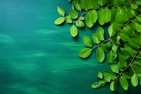 Fresh moringa leaves on blue background. Top view, copy space. AI generated.の素材