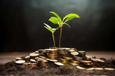Green plant growing from a stack of coins, copy space. Money, finance, investment concept. AI generated.の素材