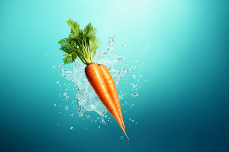Two ripe carrots flying in the air with splashes of water on blue background with copy space. AI generated.の素材
