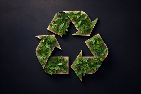 Recycle symbol made of wood and green plants and leaves on dark background, close up. Eco recycling concept. AI generated.の素材