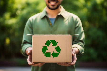 Smiling man holding a cardboard box with a recycle symbol on it on green background. Eco recycling concept. AI generated.の素材