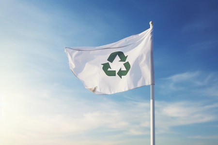 Waving white flag with green recycle symbol on it against a blue sky background with copy space. Eco recycling concept. AI generated.の素材