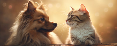 Tabby cat and red dog sitting together and looking at each other. Banner with cute pets and sunshine. AI generated.の素材