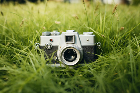 Retro camera in green fresh grass, close up view. AI generated.の素材