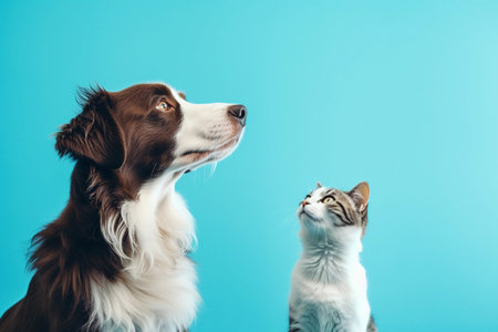 Cat and dog sitting together and looking up. Pets on blue background with copy space. AI generated.の素材