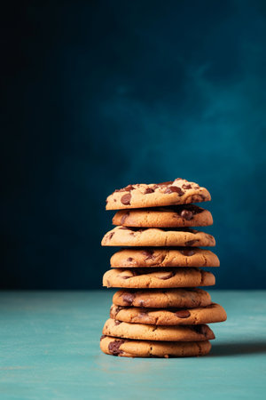 Stack of chocolate chip cookies on the table on blue background with copy space, close up view. Homemade pastries. AI generated.の素材