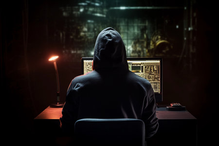 Man in a hood sitting with his back in front of monitor on dark background. Cyber security and hacking concept. AI generated.の素材
