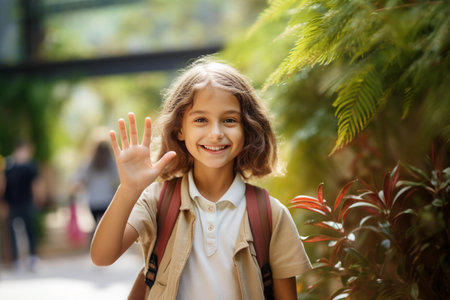 Smiling girl with a backpack waving her hand in the street on her way to school. AI generated.の素材