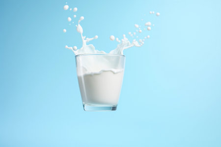 Glass of splashing milk isolated on blue background. AI generated.の素材
