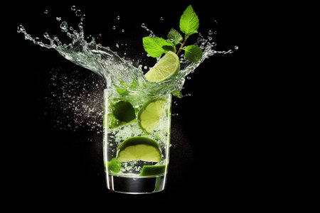 Glass of mojito cocktail with splashes, mint leaves and lime slices flying in the air, black background, copy space. AI generatedの素材