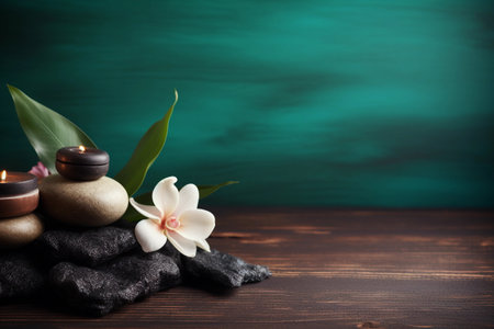 Spa background with massage stones, orchid flower, candles and copy space. AI generated.の素材