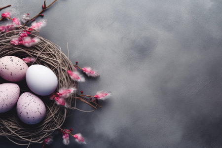 Nest with Easter eggs and a sprig with pink flowers on gray background, copy space, top view. AI generated.の素材