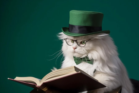 White fluffy cat in green hat reading a book on green background. AI generated.の素材