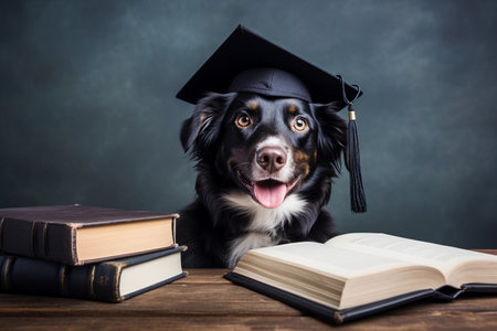 Black dog wearing graduate hat reading a book on dark background. AI generated.の素材