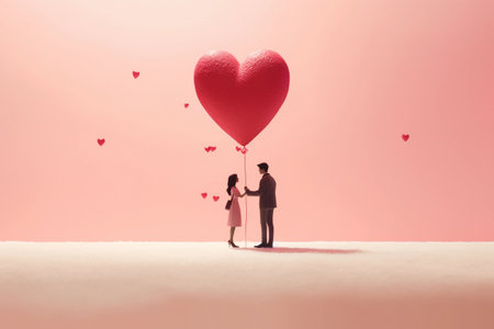 Illustration of couple in love and big heart-shaped balloon on pink background. Valentine's Day celebration. AI generated.の素材