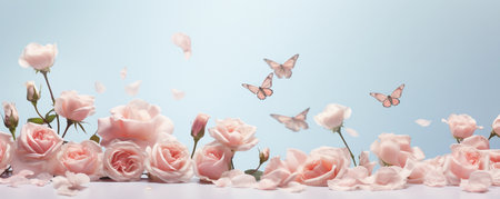Floral banner with pink roses and butterflies on blue background, with copy space. AI generated.の素材