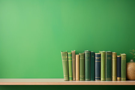Stack of books on a shelf on green background with copy space. AI generated.の素材