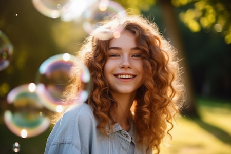 Happy young girl with curly hair and soap bubbles in the park, close up view. AI generated.の素材