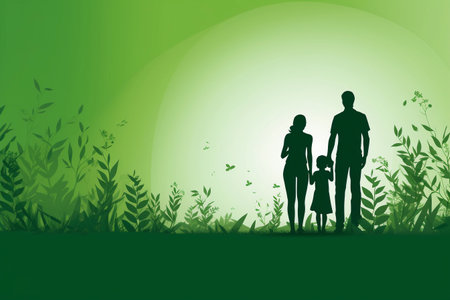 Silhouettes of mother, father and daughter holding hands on green background, copy space. AI generatedの素材
