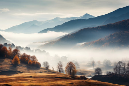 Beautiful landscape with foggy day in the mountains and forest. Natural background. AI generated.の素材