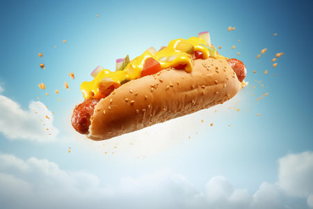 Delicious hot dog flying. Levitation isolated on sky background. AI generated.の素材