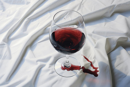 Glass of red wine spilled on a white tablecloth or sheet, close up view. AI generated.の素材