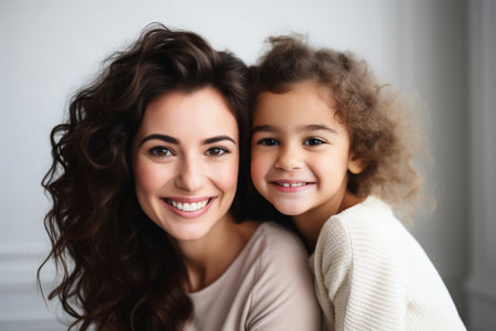 Portrait of smiling mother and her little daughter, close up. AI generated.の素材