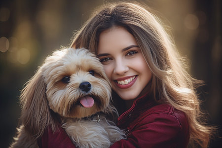 Happy smiling young woman hugging her dog, close up view. AI generated.の素材