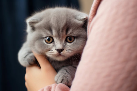 Small cute Scottish fold kitten sitting on a woman's arms, close up view. AI generated.の素材