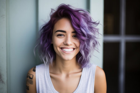Portrait of happy young woman with purple hair looking at camera, close up. AI generated.の素材