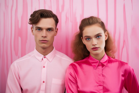 Young couple, man and woman wearing pink clothes. AI generated.の素材