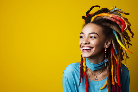 Portrait of happy young woman with dreadlocks on yellow background with copy space. AI generated.の素材