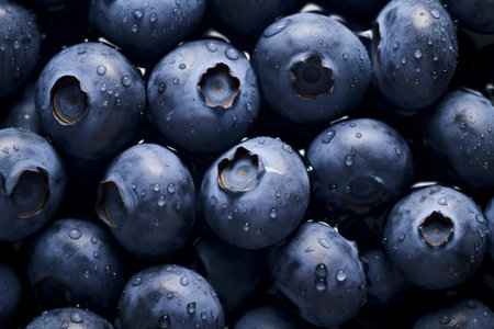 Macro texture of delicious ripe blueberries with water drops, close up view. AI generated.の素材