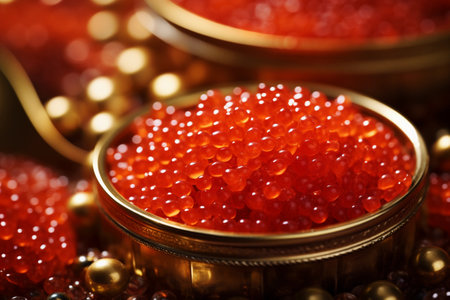 Jar of delicious fresh salmon fish red caviar, close up view. AI generated.の素材