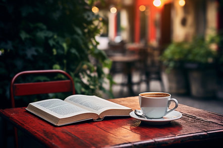Open book and a cup of coffee on wooden table in street cafe, close up. AI generated.の素材