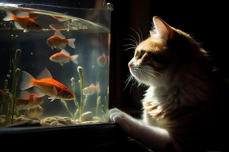 Curious cat watching the fish in the aquarium on dark background, close up view. AI generated.の素材