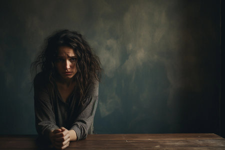 Depressed young woman, dark background, copy space. Mental health concept. AI generated.の素材