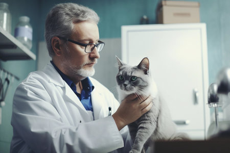 Male veterinarian carefully examining white cat at an appointment in veterinary clinic, close up view. AI generated.の素材