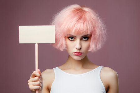 Serious young woman with pink hair holding blank mockup sign. AI generated.の素材