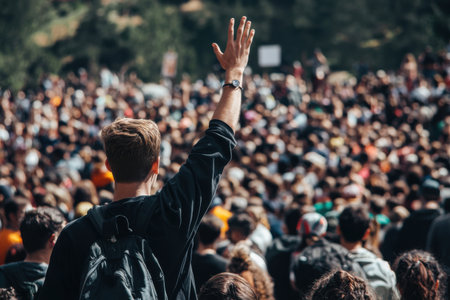 A large crowd of diverse individuals fills an urban park under a bright sky. Many people are engaged in discussions, while one person raises hand to express an idea or seek attention. Generative AIの素材