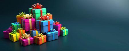 A vibrant collection of wrapped gift boxes in various colors and sizes sits together, adorned with shiny ribbons. This festive display is perfect for any special occasion. Generative AIの素材