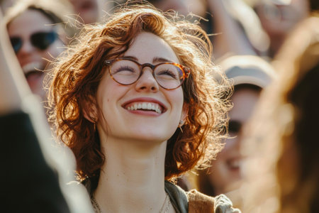 A young woman with curly red hair and glasses beams with joy at an outdoor festival, enjoying the lively atmosphere and the cheering crowd around her, capturing a moment of happiness. Generative AIの素材