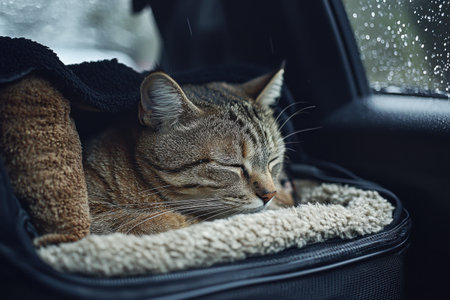 A tabby cat sits calmly inside a soft pet carrier placed in the backseat of a car. Generative AIの素材