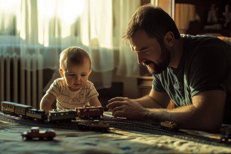 A father and his young child are focused on building a colorful model train set together in their cozy living room. Generative AIの素材