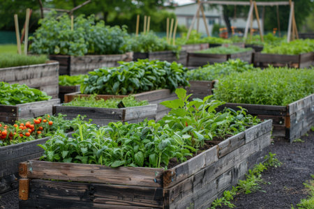 In a vibrant community garden, raised wooden beds are filled with lush greenery and various vegetables like spinach, tomatoes, and herbs, flourishing under the warm summer sun. Generative AIの素材