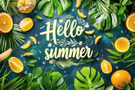 A vibrant display featuring fresh lemons, oranges, and green tropical leaves arranged in a lively style. The cheerful message Hello summer adds a playful touch to the composition. Generative AIの素材