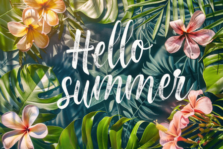 Vibrant tropical leaves and flowers surround a cheerful greeting that welcomes summer. Generative AIの素材