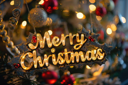 A vibrant Christmas decoration featuring a glowing sign that reads Merry Christmas, surrounded by colorful ornaments and twinkling lights. Generative AIの素材